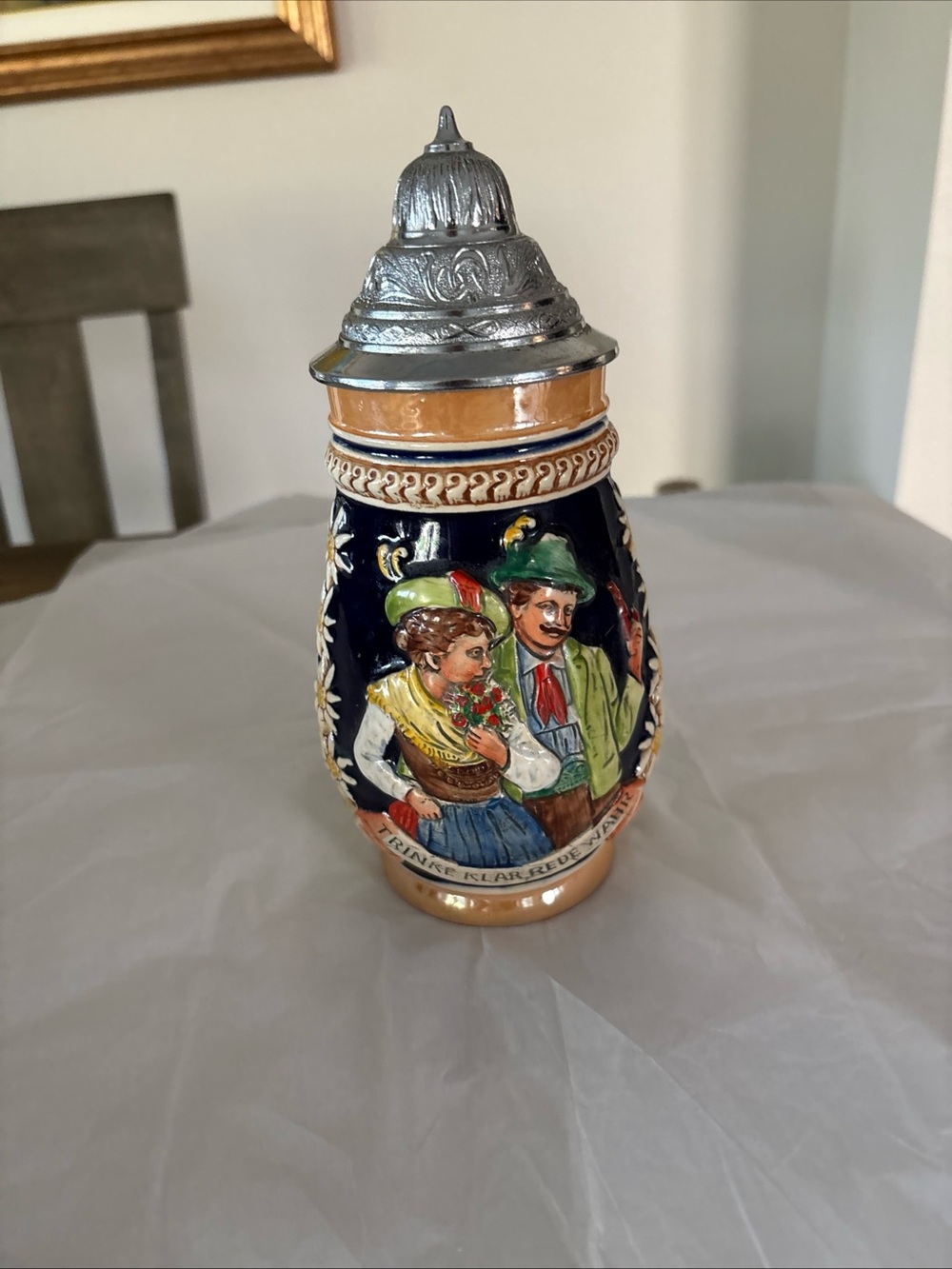 German Stoneware Beer Stein Pewter Lid Raised Couple Edelweiss & Castle